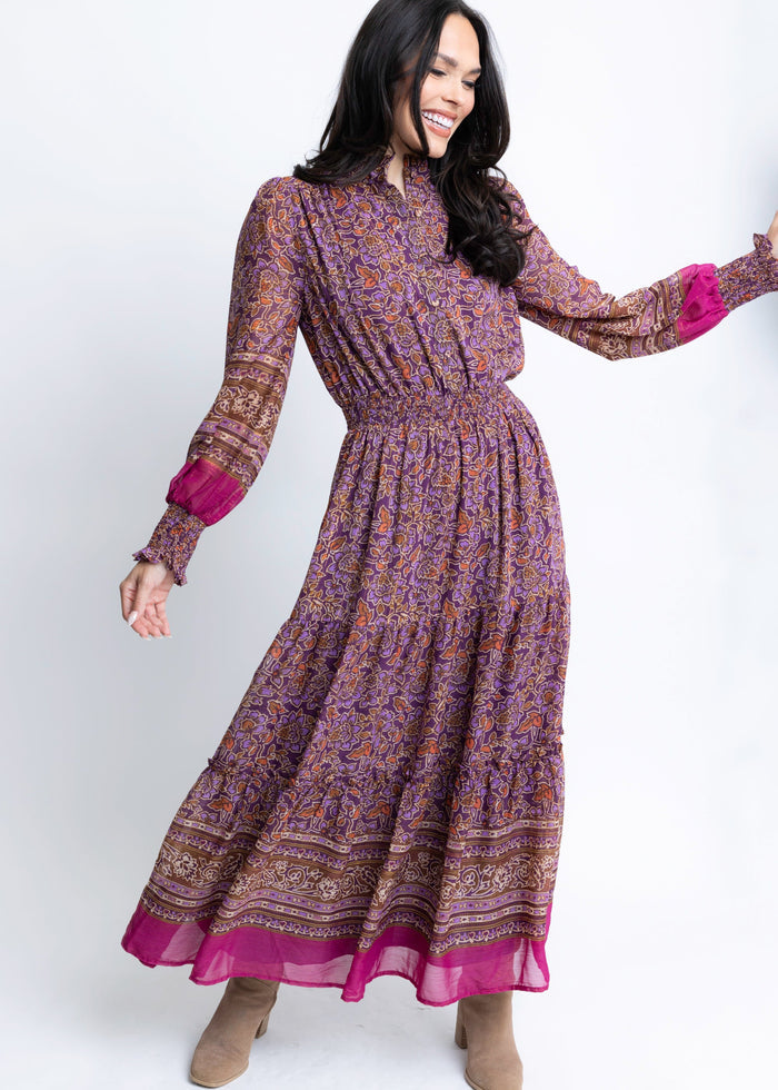 purple floral chiffon metallic thread maxi dress by Karlie