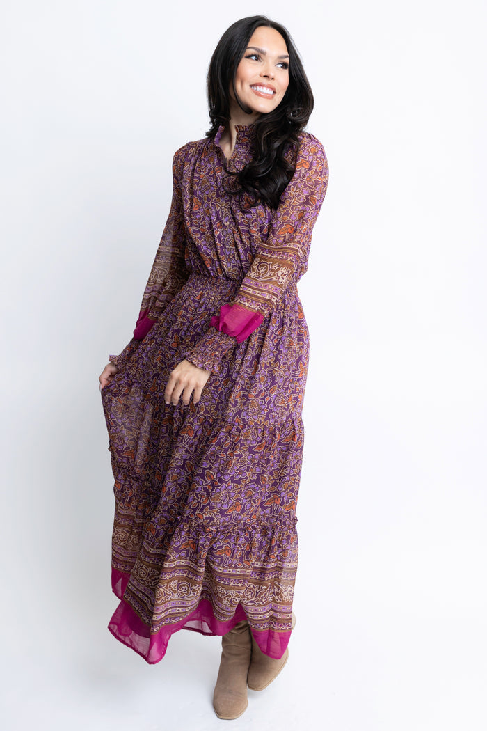 Floral Chiffon Metallic Thread Maxi Dress - Purple