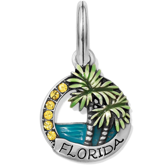Brighton Florida charm with green palm trees, blue water, yellow crystals, and silver-plated finish on a white background