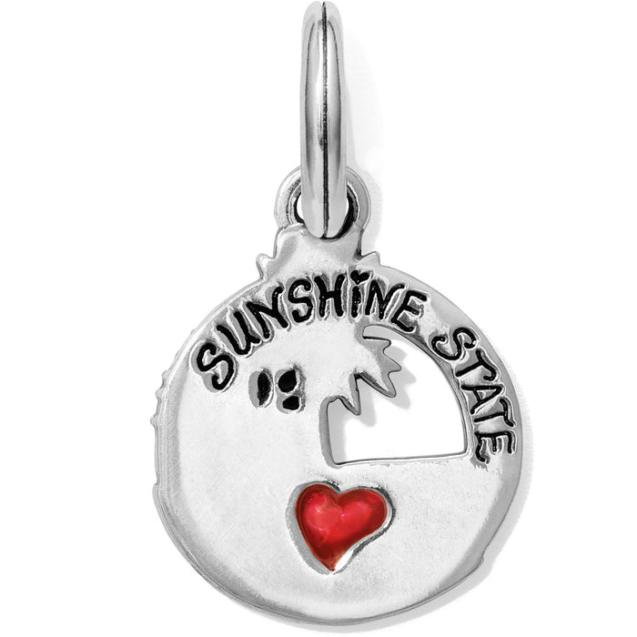 Brighton silver-plated charm with Sunshine State engraving, palm tree cutout, and red enamel heart on a white background