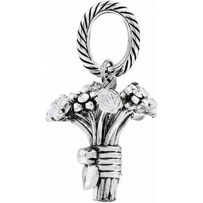 Brighton charm with silver-plated flower bouquet design, ribbon-tied base, and rope-textured loop on a white background