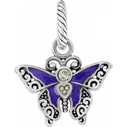 Brighton butterfly charm with purple enamel wings, silver-plated scroll detailing, and crystal accents on a white background