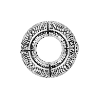 Brighton silver-plated spacer bead charm with textured beaded pattern and open center on a white background