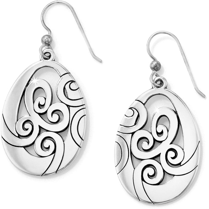 Brighton drop earrings with silver-tone teardrop discs featuring openwork swirl designs and French hooks on a white background