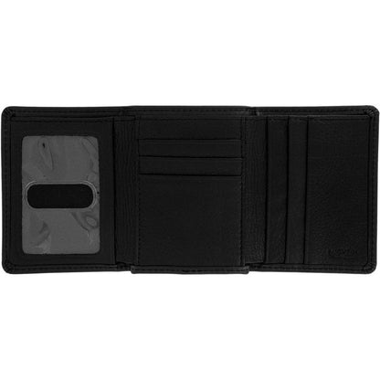 Brighton black leather trifold wallet shown open with card slots and clear ID window on a white background