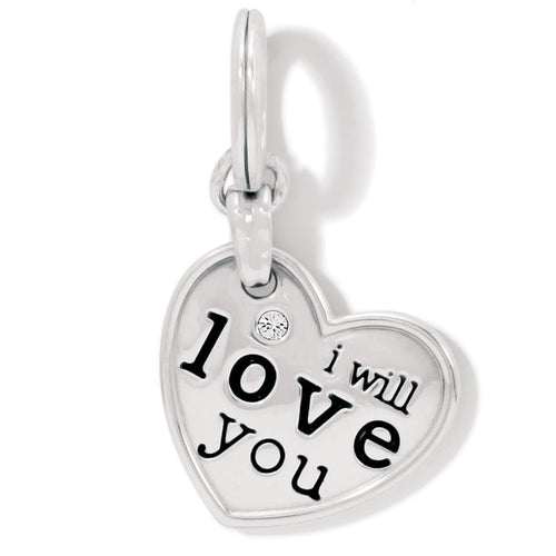 Brighton heart charm with engraved i will love you text, crystal accent, and silver-plated finish on a white background