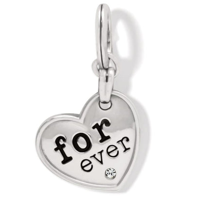 Brighton heart charm with silver-plated finish, black forever lettering, and single crystal accent on a white background