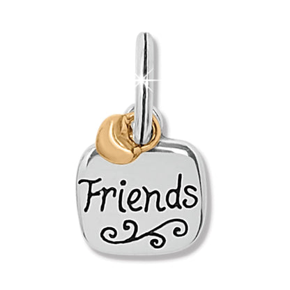 Brighton charm with engraved Friends script, silver-tone square pendant, and gold-tone accent ring on a white background