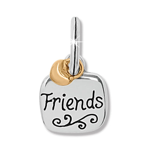 Brighton charm with engraved Friends script, silver-tone square pendant, and gold-tone accent ring on a white background