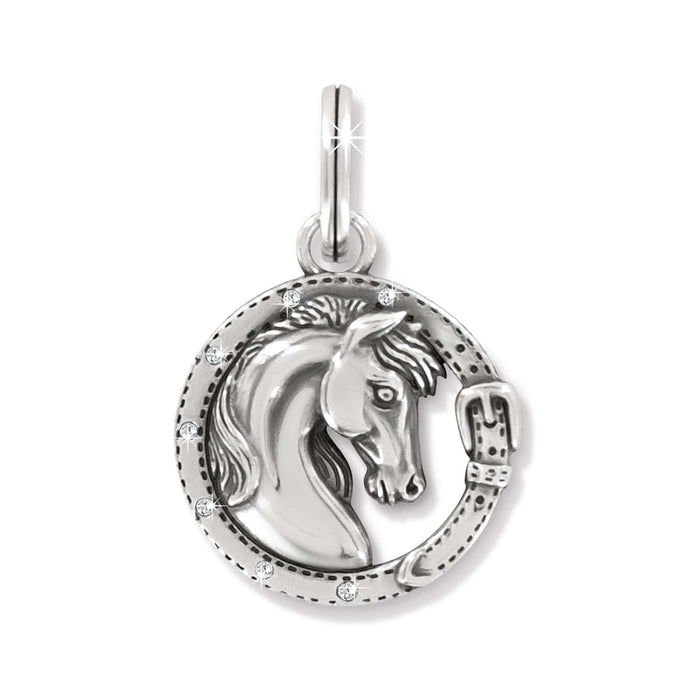 Brighton charm pendant with silver-plated horse head inside horseshoe frame accented with crystals on a white background