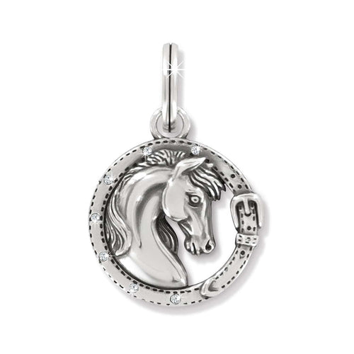 Brighton charm pendant with silver-plated horse head inside horseshoe frame accented with crystals on a white background