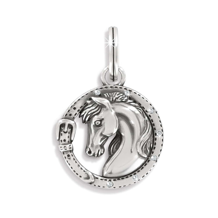 Brighton horse charm pendant with silver-plated finish, buckle detail, and crystal accents around border on a white background