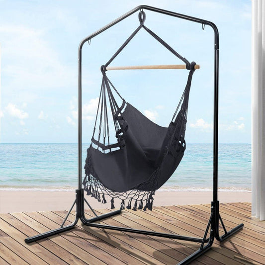 Gardeon Outdoor Hammock Chair with Stand Tassel Hanging Rope Hammocks Grey -Home Living Store - -