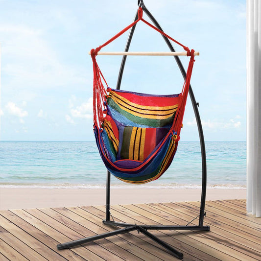 Gardeon Outdoor Hammock Chair with Steel Stand Hanging Hammock Pillow Rainbow -Home Living Store - -