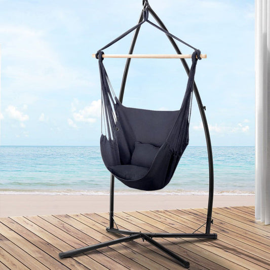 Gardeon Outdoor Hammock Chair with Steel Stand Hanging Hammock with Pillow Grey -Home Living Store - -