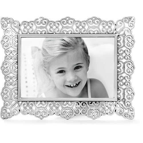 Brighton photo frame with silver-plated ornate scrollwork border surrounding a rectangular photo opening on a white background