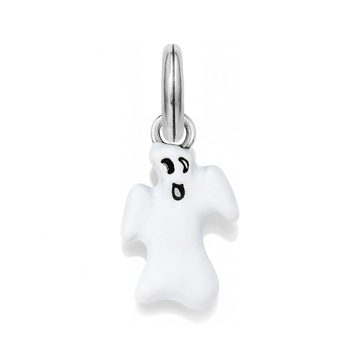 Brighton ghost charm with white enamel finish and silver-plated bail on a white background