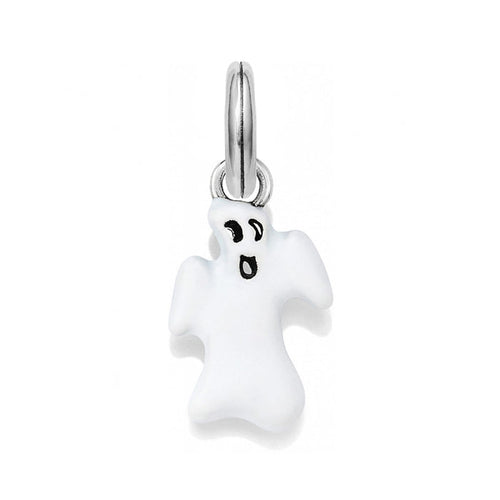 Brighton ghost charm with white enamel finish and silver-plated bail on a white background