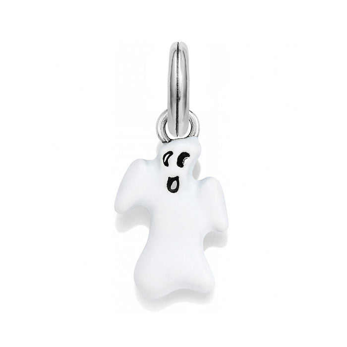 Brighton ghost charm in white enamel with black facial details and silver-plated ring on a white background