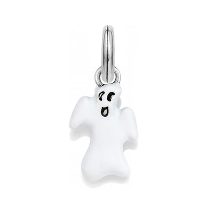 Brighton ghost charm in white enamel with black facial details and silver-plated ring on a white background