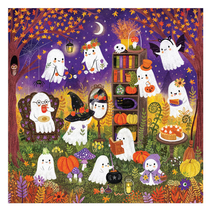 The Jenny Miriam Ghostly Gathering 500 Piece Puzzle features adorable ghosts in costumes at a cozy outdoor party, surrounded by pumpkins, books, snacks, and fall trees under a starry night—perfect for family fun.