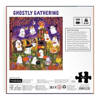 The image shows the back of the Jenny Miriam Ghostly Gathering 500 Piece Puzzle box, with a colorful illustration of ghosts enjoying a nighttime forest picnic surrounded by pumpkins, lanterns, and autumn leaves—perfect for family puzzle nights.