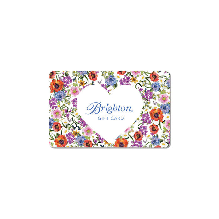 Brighton gift card with colorful floral print surrounding a white heart-shaped center displaying blue logo on a white background