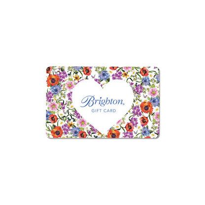 Brighton gift card with colorful floral print surrounding a white heart-shaped center displaying blue logo on a white background