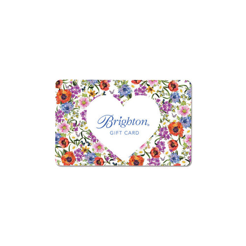 Brighton gift card with colorful floral print surrounding a white heart-shaped center displaying blue logo on a white background