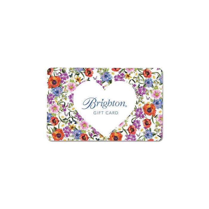 Brighton gift card with colorful floral print surrounding a white heart-shaped logo area on a white background