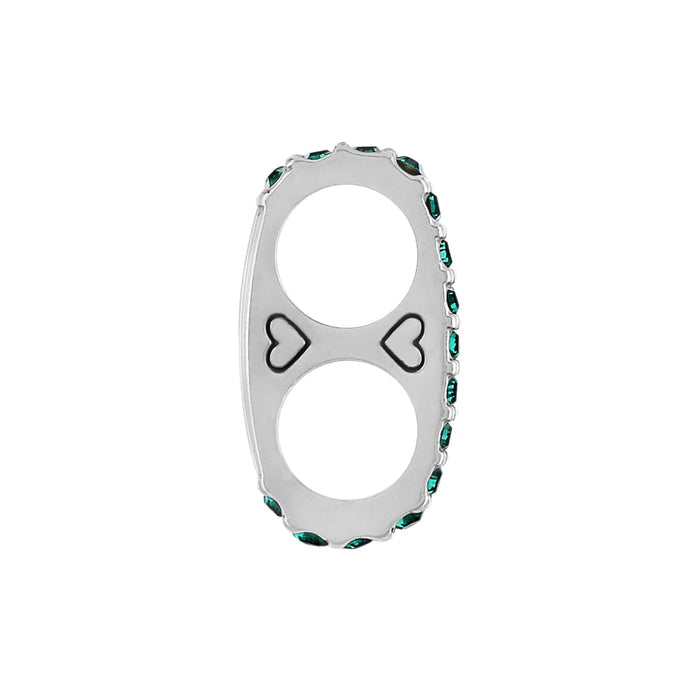 Brighton silver-plated double ring with green crystal border and small heart detailing between finger openings on a white background