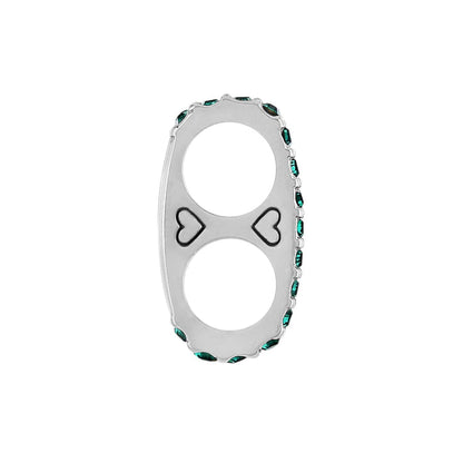 Brighton silver-plated double ring with green crystal border and small heart detailing between finger openings on a white background