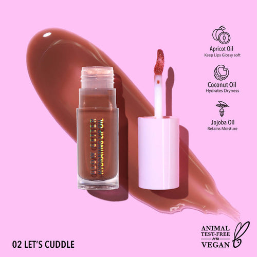 Lip gloss with applicator on a pink background, featuring ingredients and vegan certification.