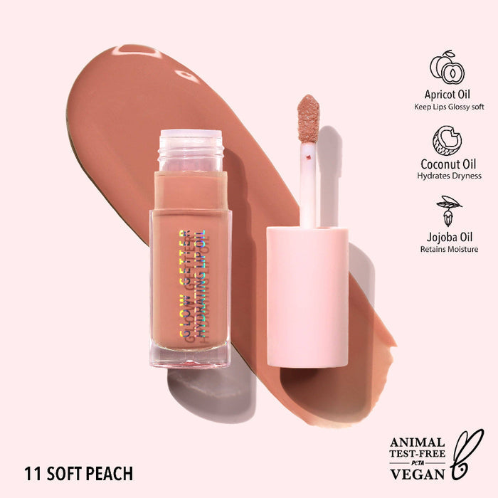 Lip tint with applicator and product details on a light pink background