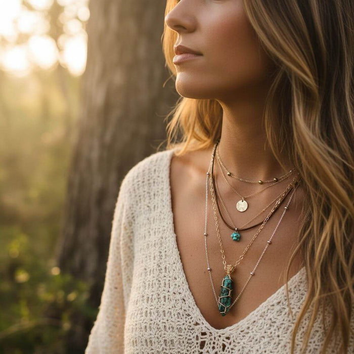 Gold Wire Caged In Ruby In Zoisite Pointed Crystal Necklace worn by a woman in nature with layered necklaces.