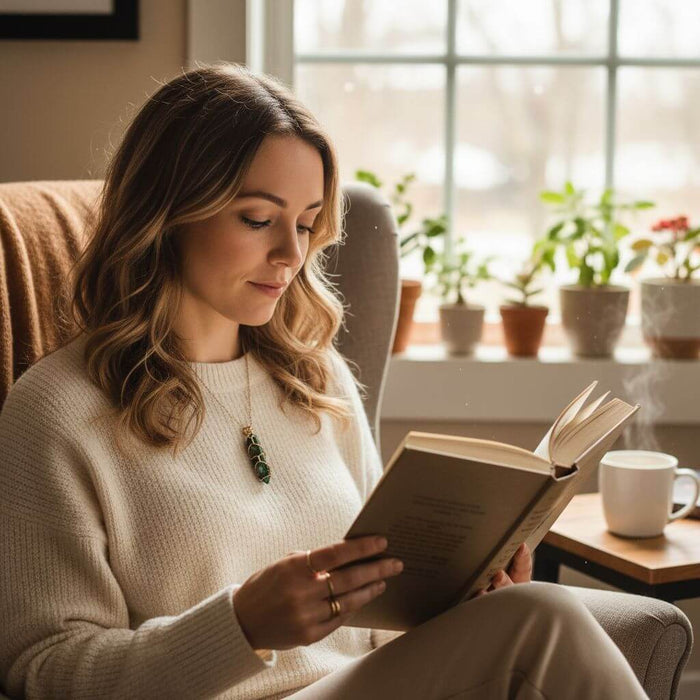 Woman reading a book while wearing a Gold Wire Caged In Ruby In Zoisite Pointed Crystal Necklace.