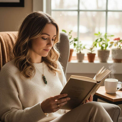 Woman reading a book while wearing a Gold Wire Caged In Ruby In Zoisite Pointed Crystal Necklace.