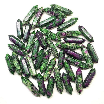 Gold Wire Caged In Ruby In Zoisite Pointed Crystal Necklace showcasing ruby in zoisite pointed crystals.