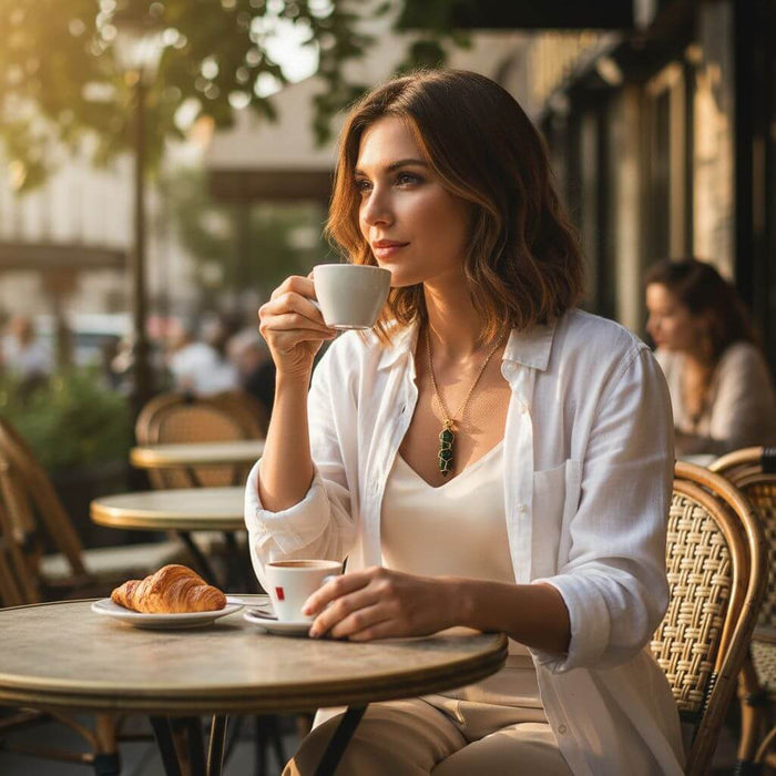 Gold Wire Caged In Ruby In Zoisite Pointed Crystal Necklace worn by woman enjoying coffee at outdoor cafe.