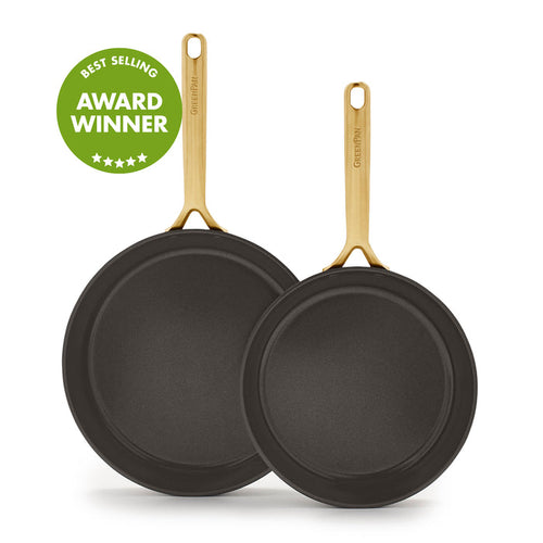 Two ceramic nonstick frypans, 9.5 and 11, in cocoa with champagne handles; award badge at top left.