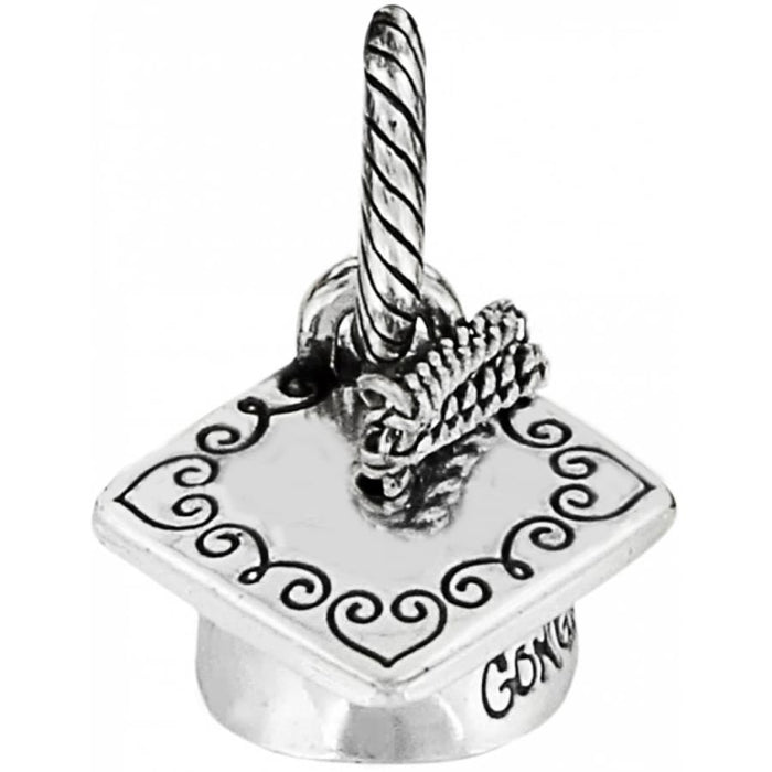 Brighton graduation cap charm with silver-plated finish, scroll heart border, and tassel detail on a white background