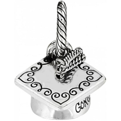Brighton graduation cap charm with silver-plated finish, scroll heart border, and tassel detail on a white background