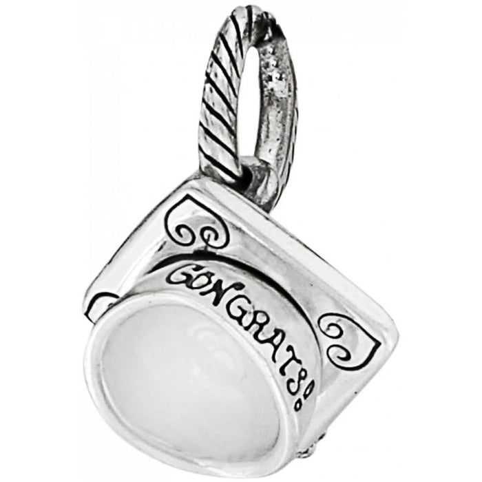 Brighton graduation cap charm with silver-plated finish, engraved Congrats banner, and rope-textured loop on a white background
