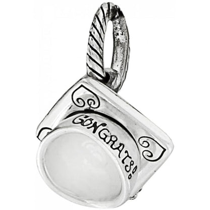 Brighton graduation cap charm with silver-plated finish, engraved Congrats banner, and rope-textured loop on a white background