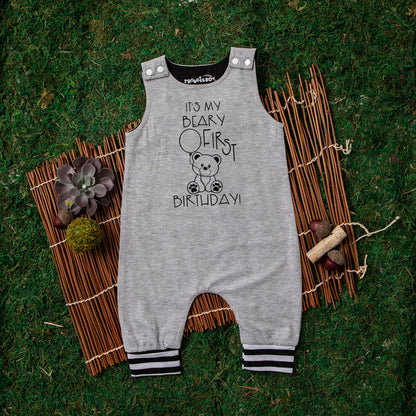 Gray "It's My Beary First Birthday" Birthday Romper with Striped Cuff