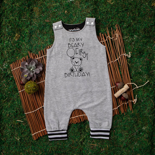Gray "It's My Beary First Birthday" Birthday Romper with Striped Cuff