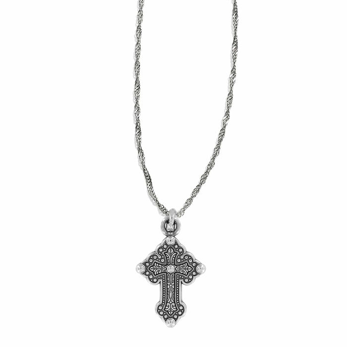 Brighton pendant necklace with ornate two-tone cross featuring scrollwork and crystal accents on a white background