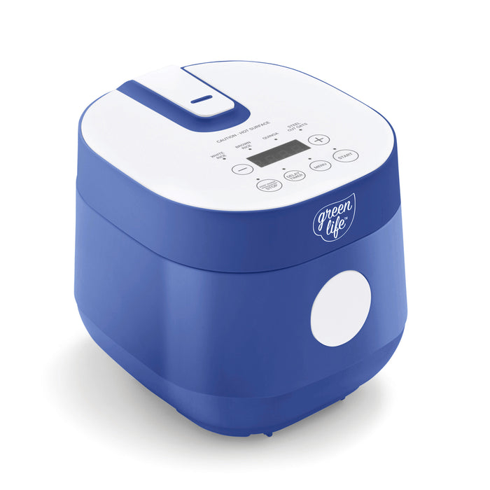 Blue 4-cup rice and grains cooker with digital display and ceramic nonstick cooking surface.