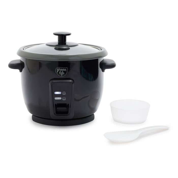 Black rice cooker with ceramic nonstick pot, glass lid, measuring cup, and rice paddle, 6-cup capacity.