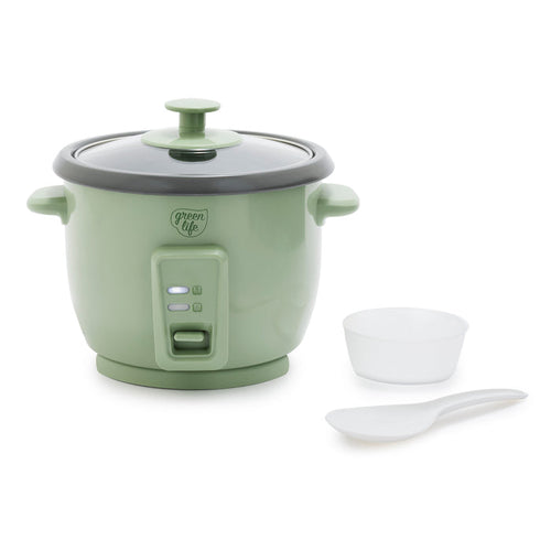 Sage green 6-cup rice cooker with ceramic nonstick interior, measuring cup, and rice paddle on a white background.